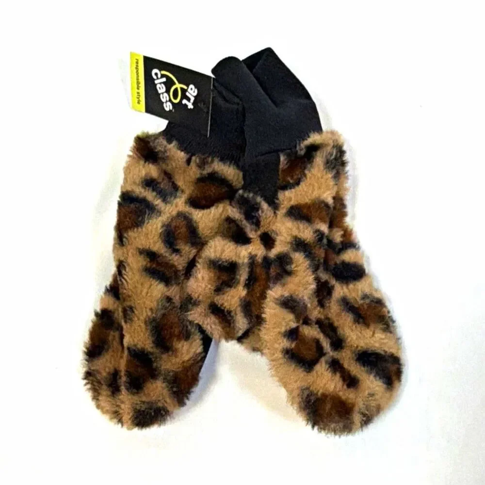 Class Art Women’s Leopard Animal Print Faux Fur Lined Wrist Mittens Size Small
